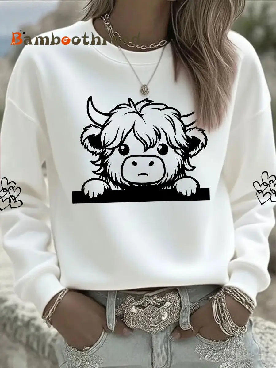 Women’s Highland Cow Print Casual Sweatshirt White / S