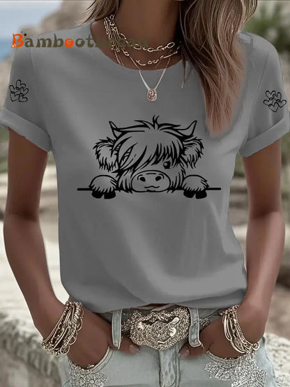 Women’s Highland Cow Print Casual T-shirt Gray / S