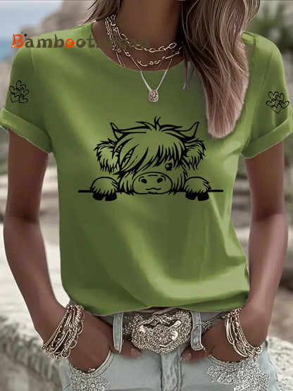 Women’s Highland Cow Print Casual T-shirt Green / S