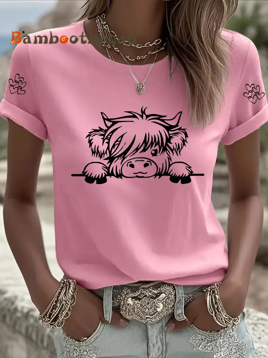 Women’s Highland Cow Print Casual T-shirt Pink / S