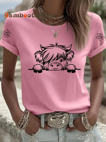 Women’s Highland Cow Print Casual T-shirt Pink / S