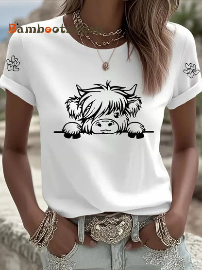 Women’s Highland Cow Print Casual T-shirt White / S