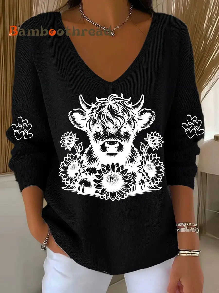 Women’s Highland Cow Print Casual Top Black / S