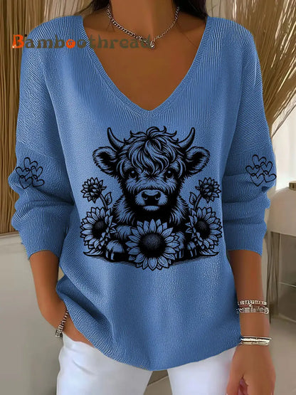 Women’s Highland Cow Print Casual Top Blue / S