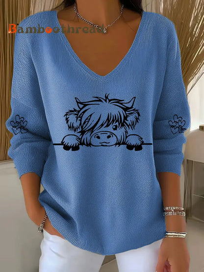Women’s Highland Cow Print Casual Top Blue / S