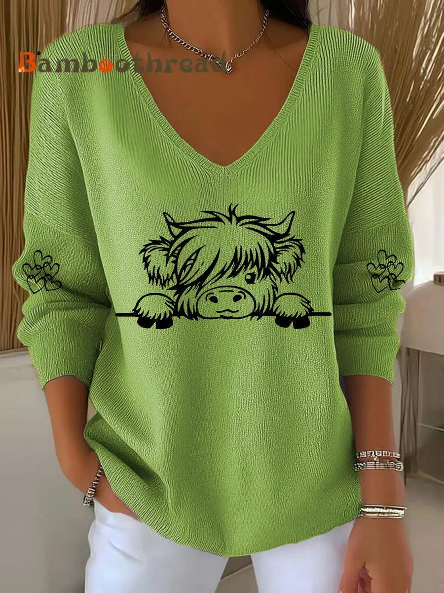 Women’s Highland Cow Print Casual Top Green / S