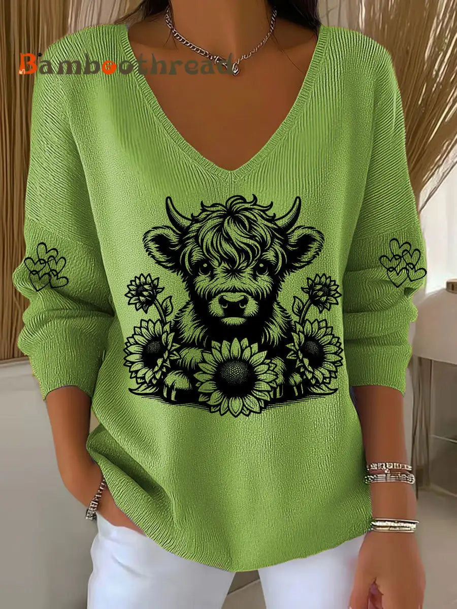 Women’s Highland Cow Print Casual Top Green / S