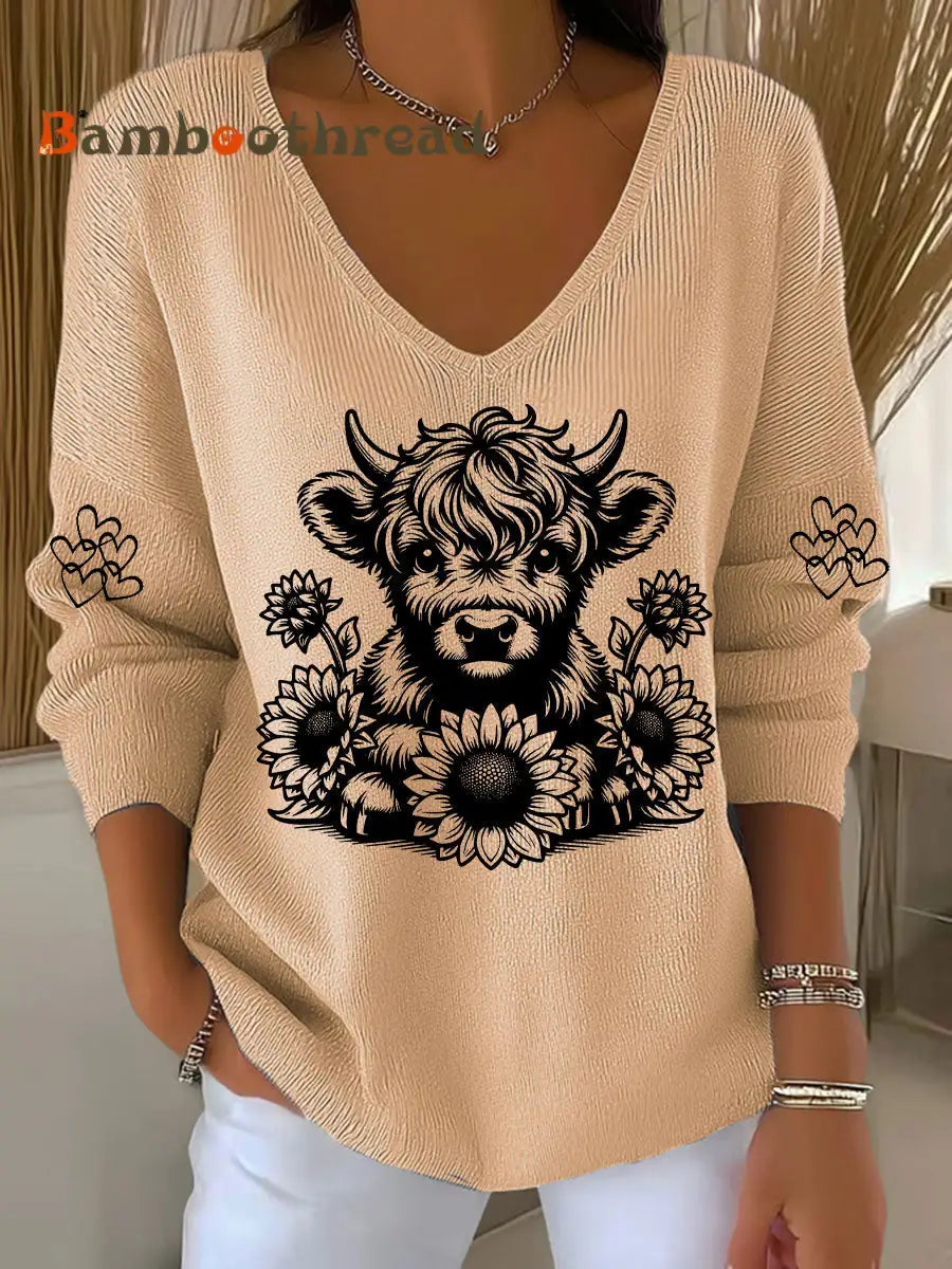 Women’s Highland Cow Print Casual Top Khaki / S