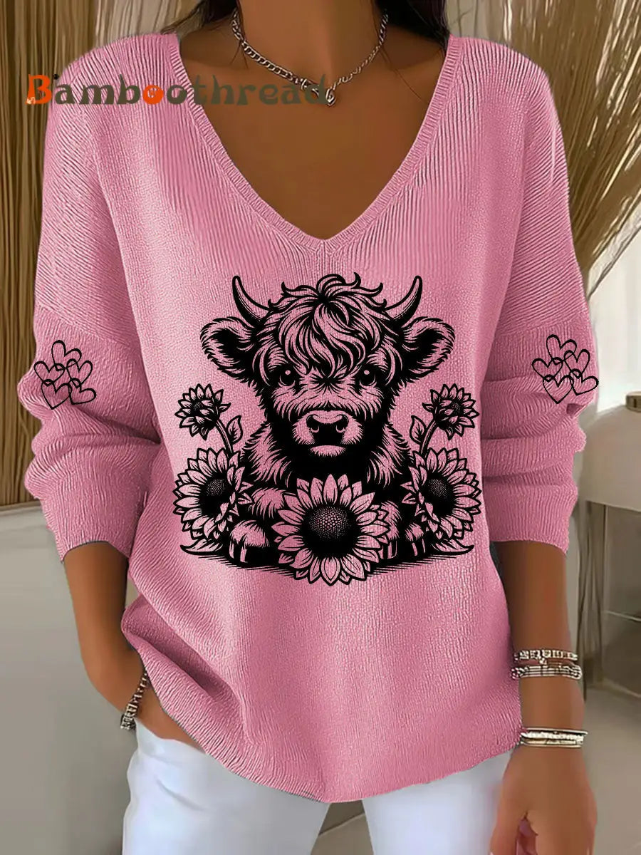 Women’s Highland Cow Print Casual Top Pink / S