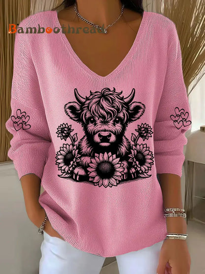 Women’s Highland Cow Print Casual Top Pink / S