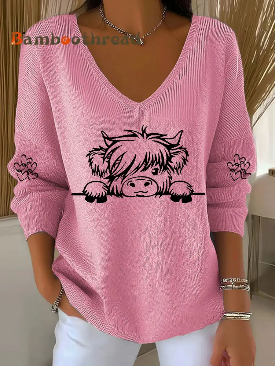 Women’s Highland Cow Print Casual Top Pink / S