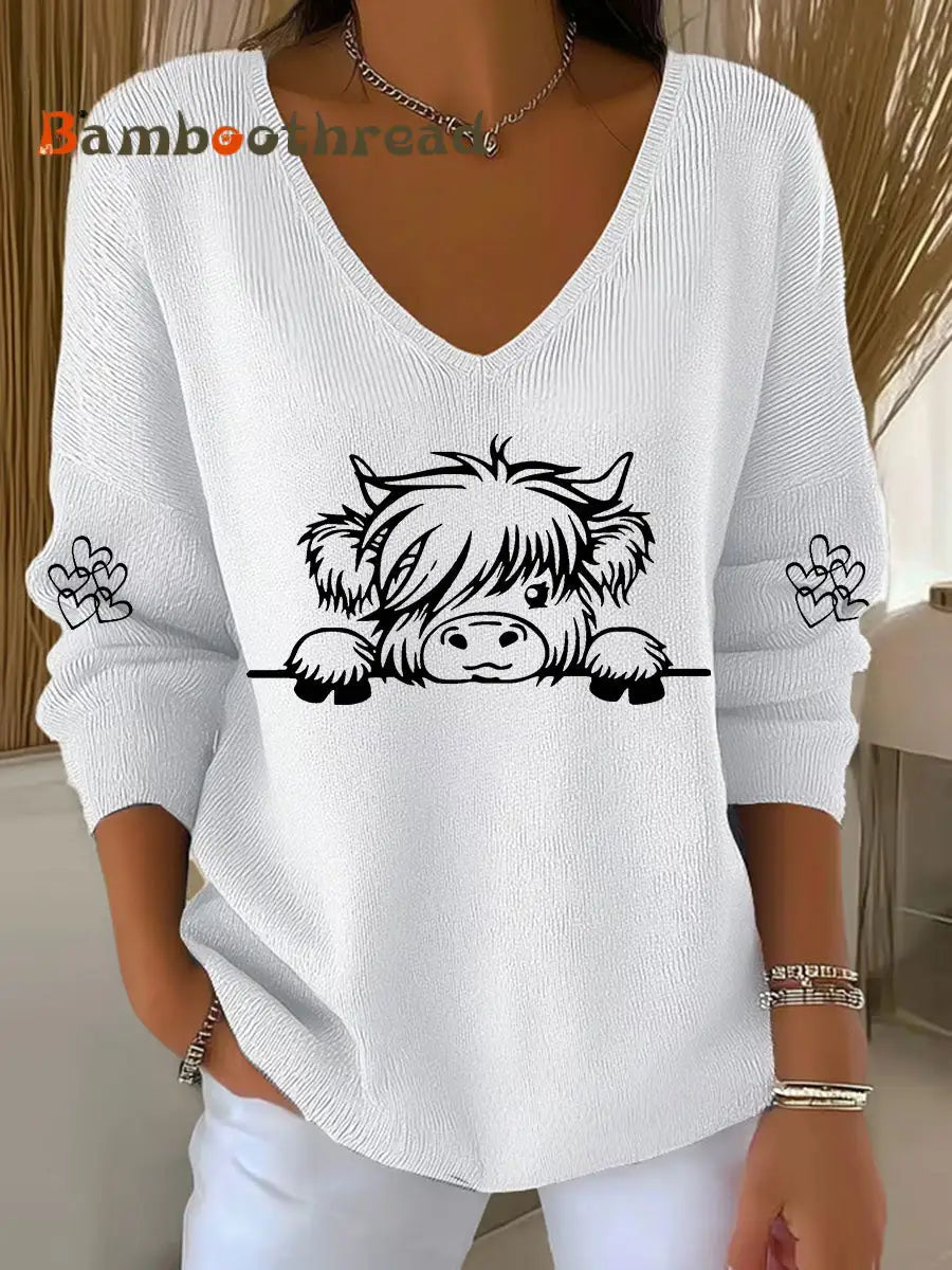 Women’s Highland Cow Print Casual Top White / S