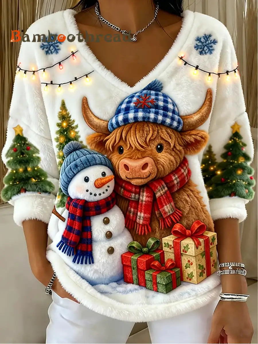 Women’s Highland Cow Print Casual Top White / S