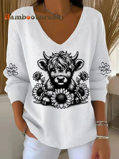 Women’s Highland Cow Print Casual Top White / S