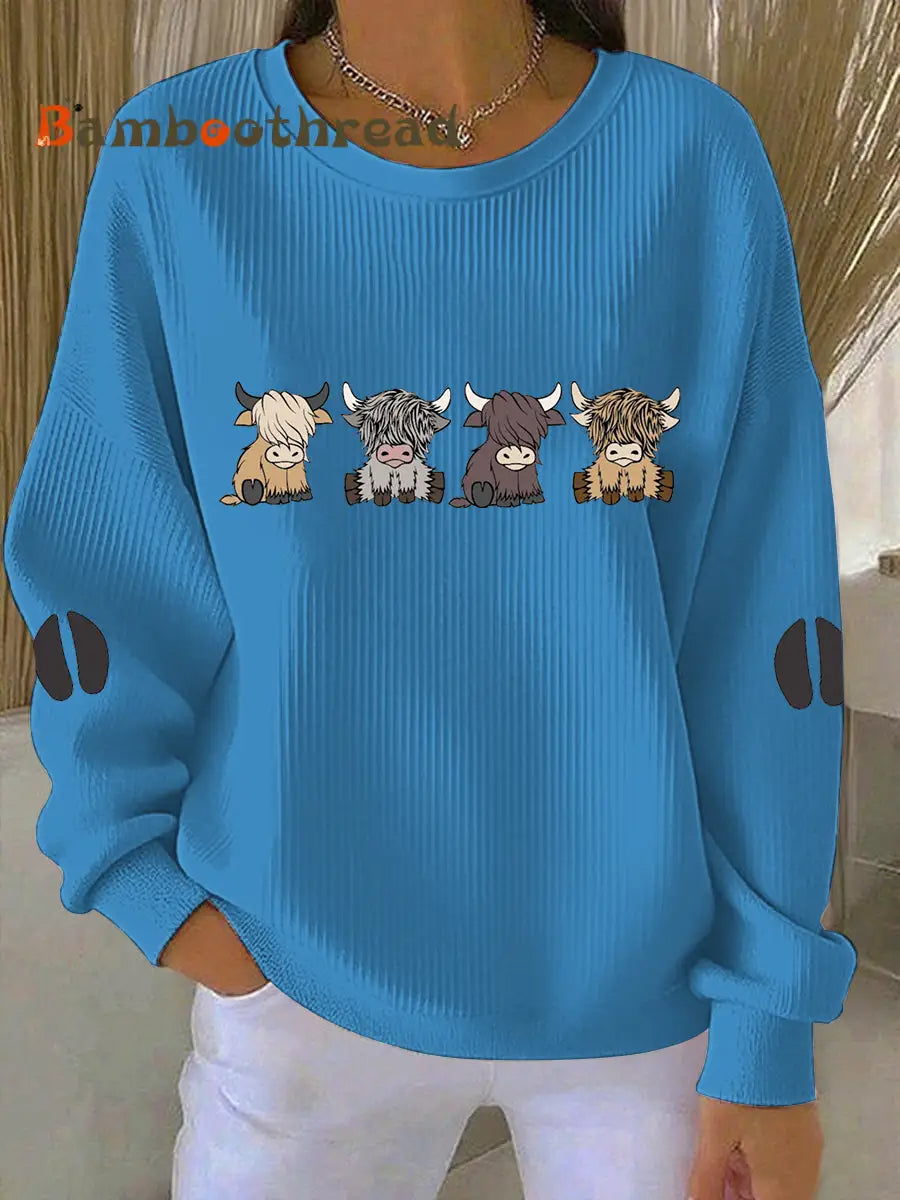 Women’s Highland Cow Printed Sweatshirt Blue / S