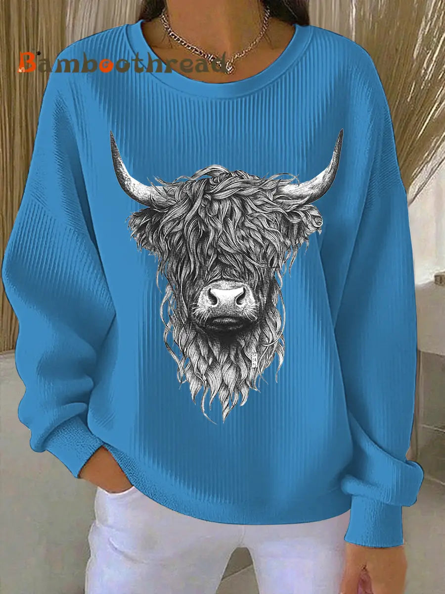 Women’s Highland Cow Printed Sweatshirt Blue / S