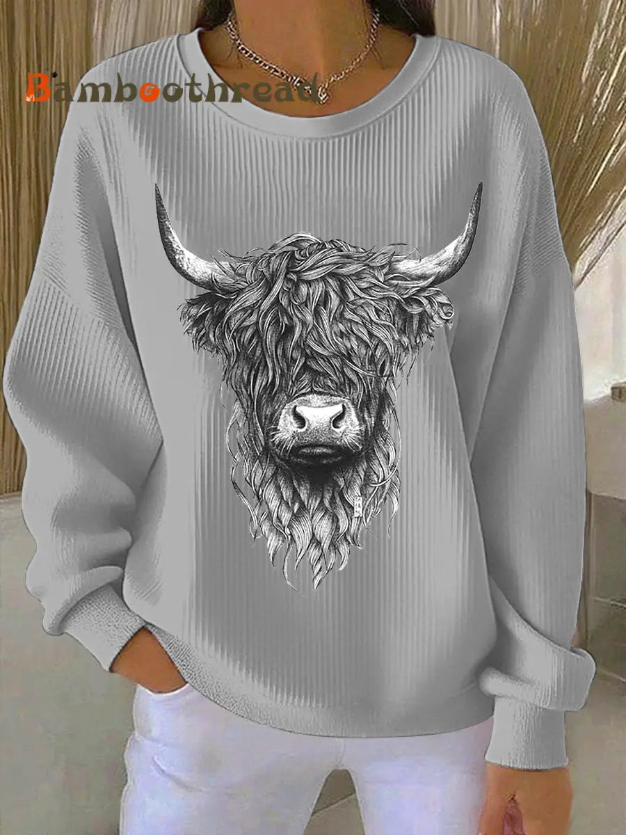 Women’s Highland Cow Printed Sweatshirt Gray / S