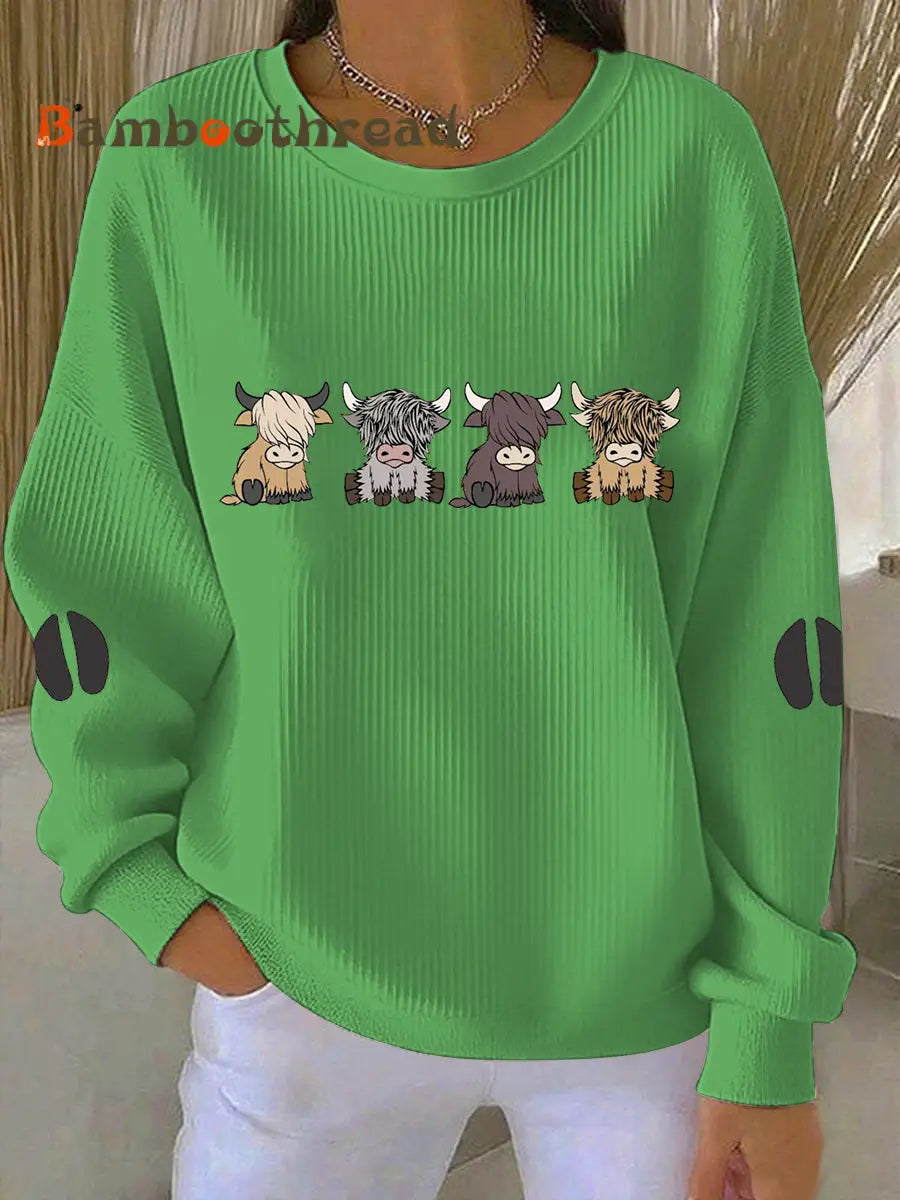 Women’s Highland Cow Printed Sweatshirt Green / S