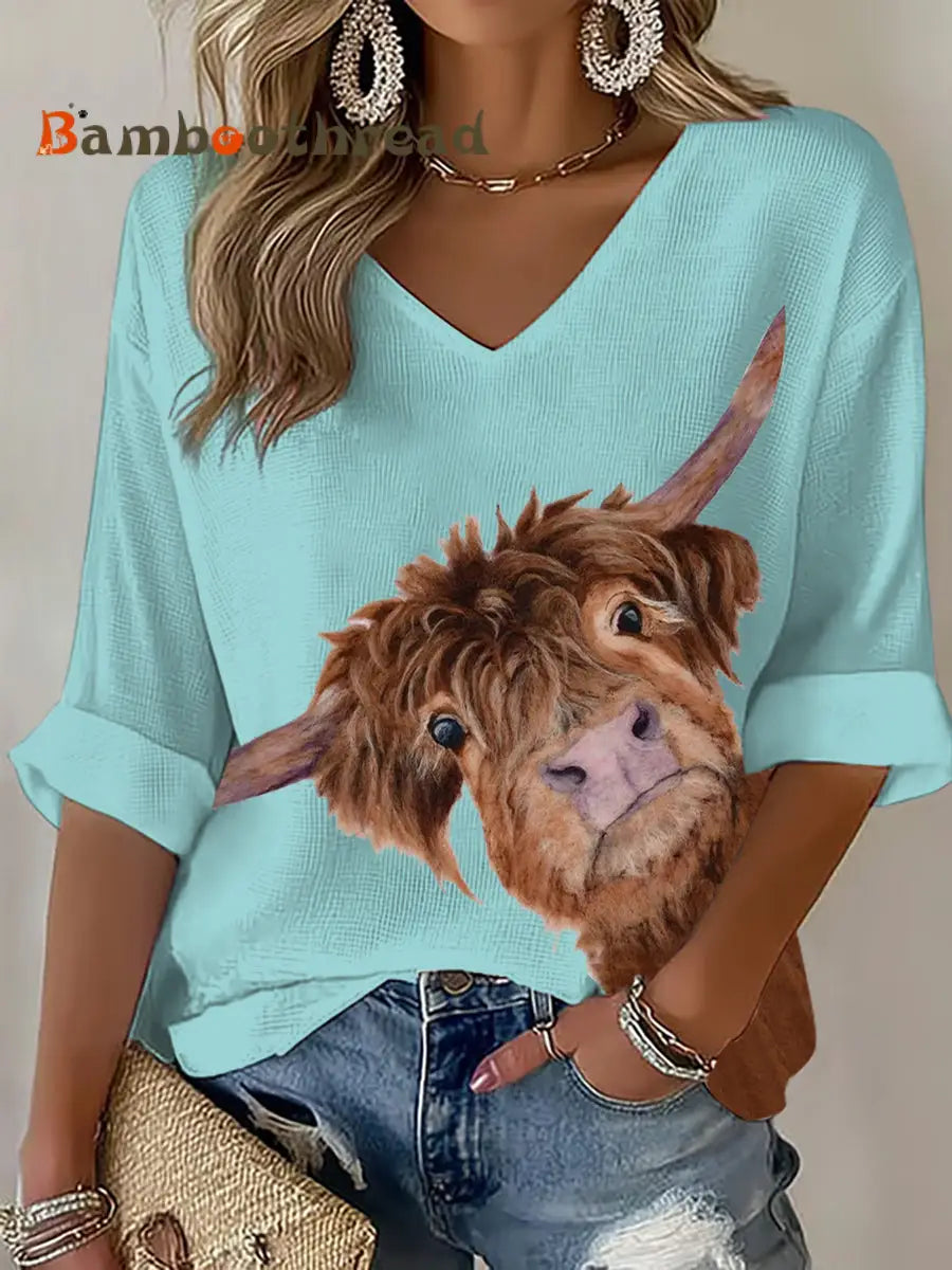 Women’s Highland Cow Printed Waffle T-shirt Light Blue / S