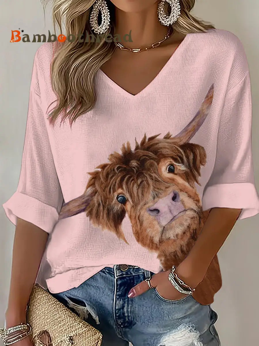 Women’s Highland Cow Printed Waffle T-shirt Pink / S