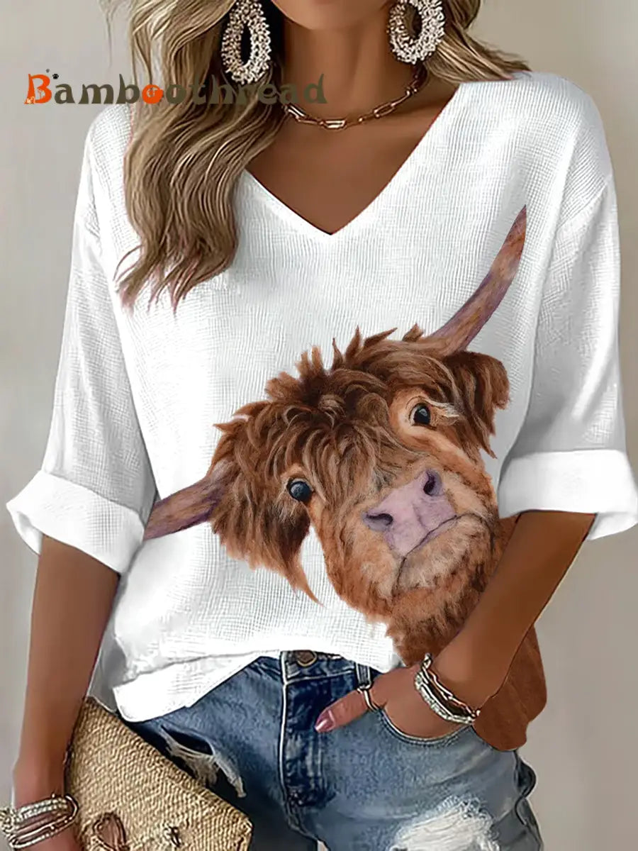Women’s Highland Cow Printed Waffle T-shirt White / S