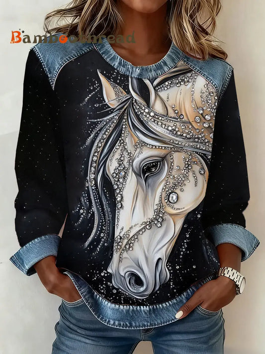 Women’s Horse Print Denim Patchwork Top As picture / S