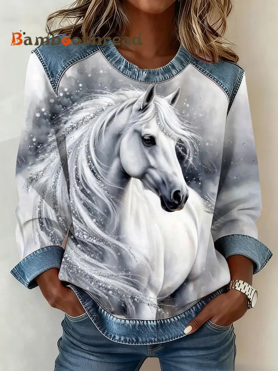 Women’s Horse Print Denim Patchwork Top As picture / S