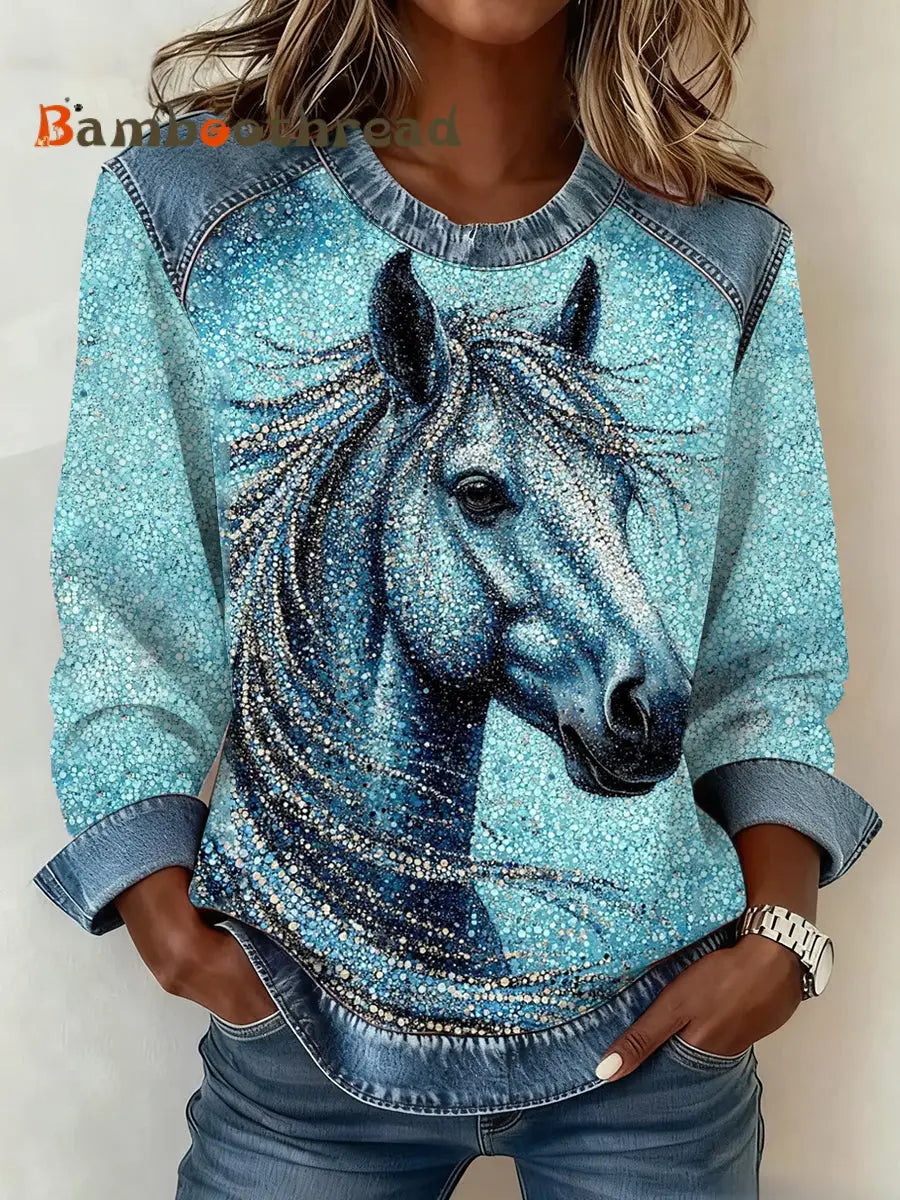 Women’s Horse Print Denim Patchwork Top As picture / S