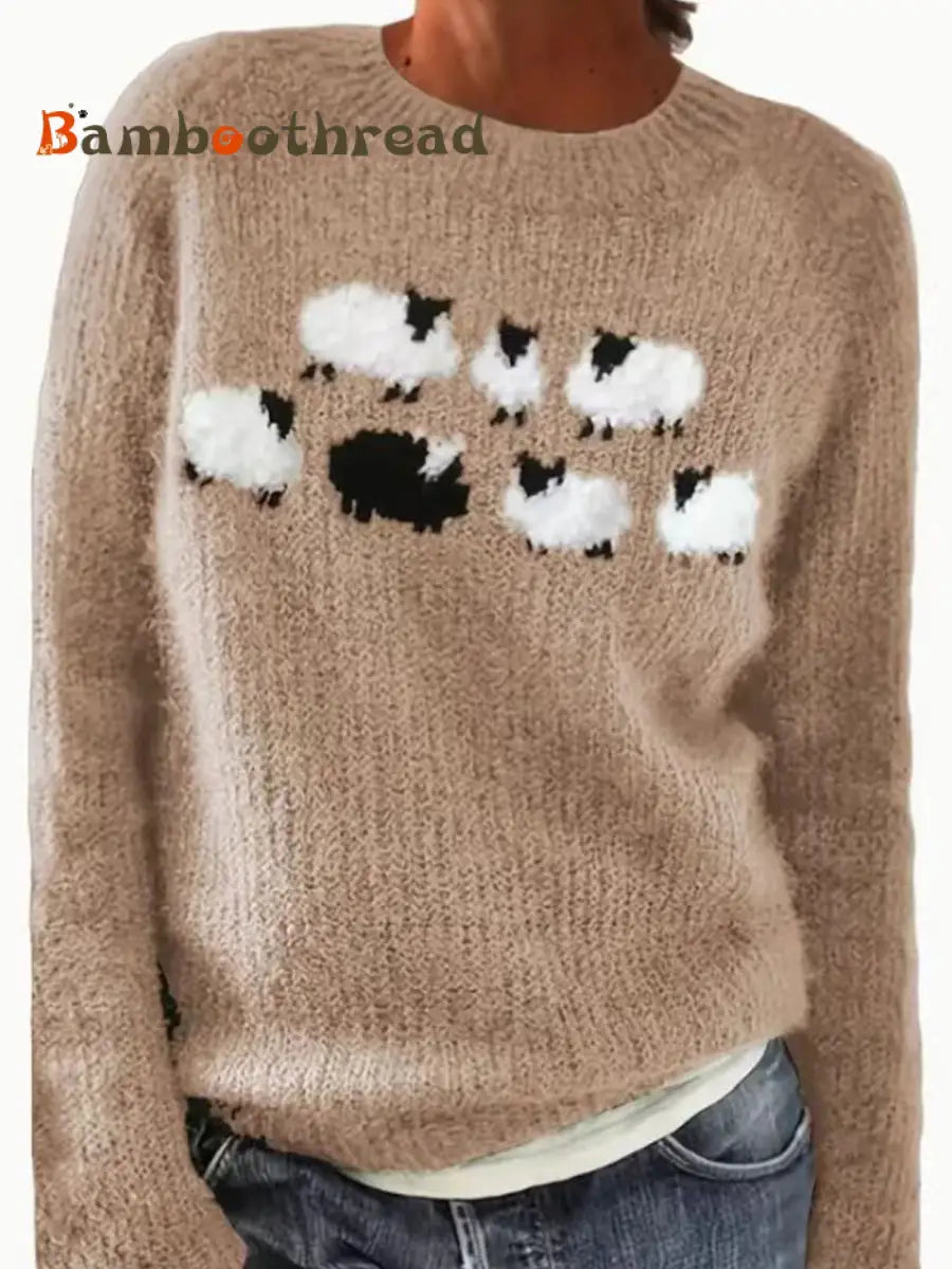 Women’s Icelandic Sweater Crew Neck Loose Pullover Khaki / S