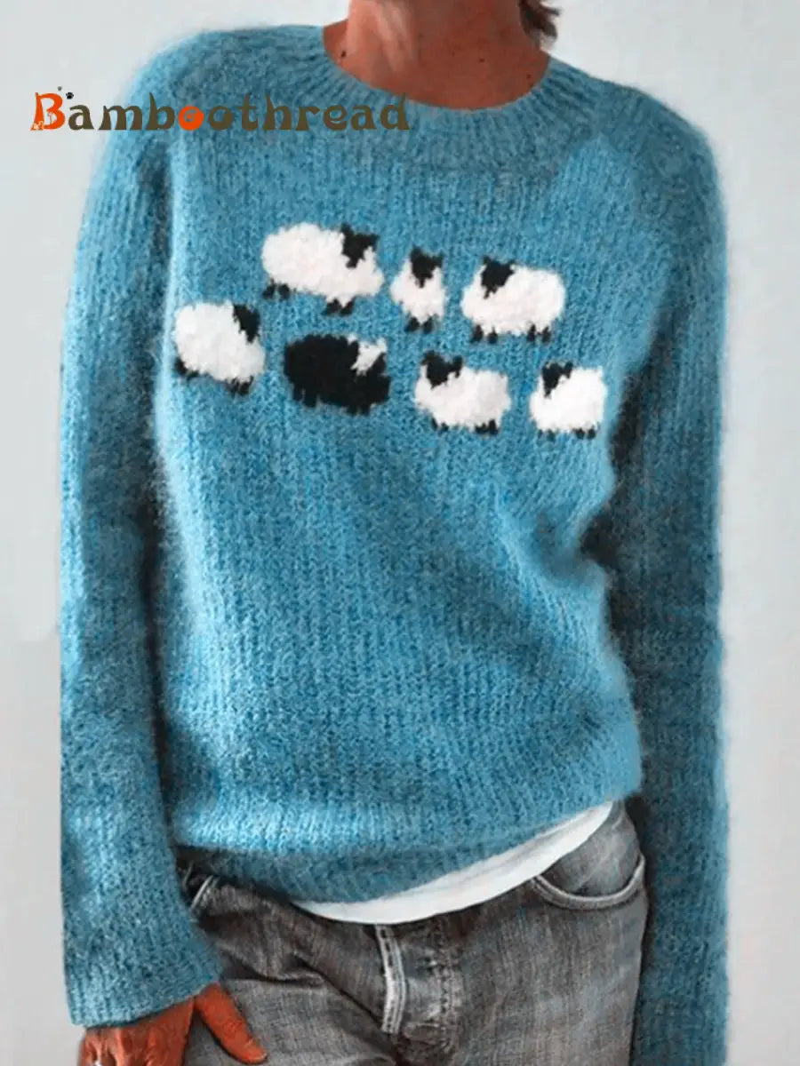 Women’s Icelandic Sweater Crew Neck Loose Pullover Light Blue / S