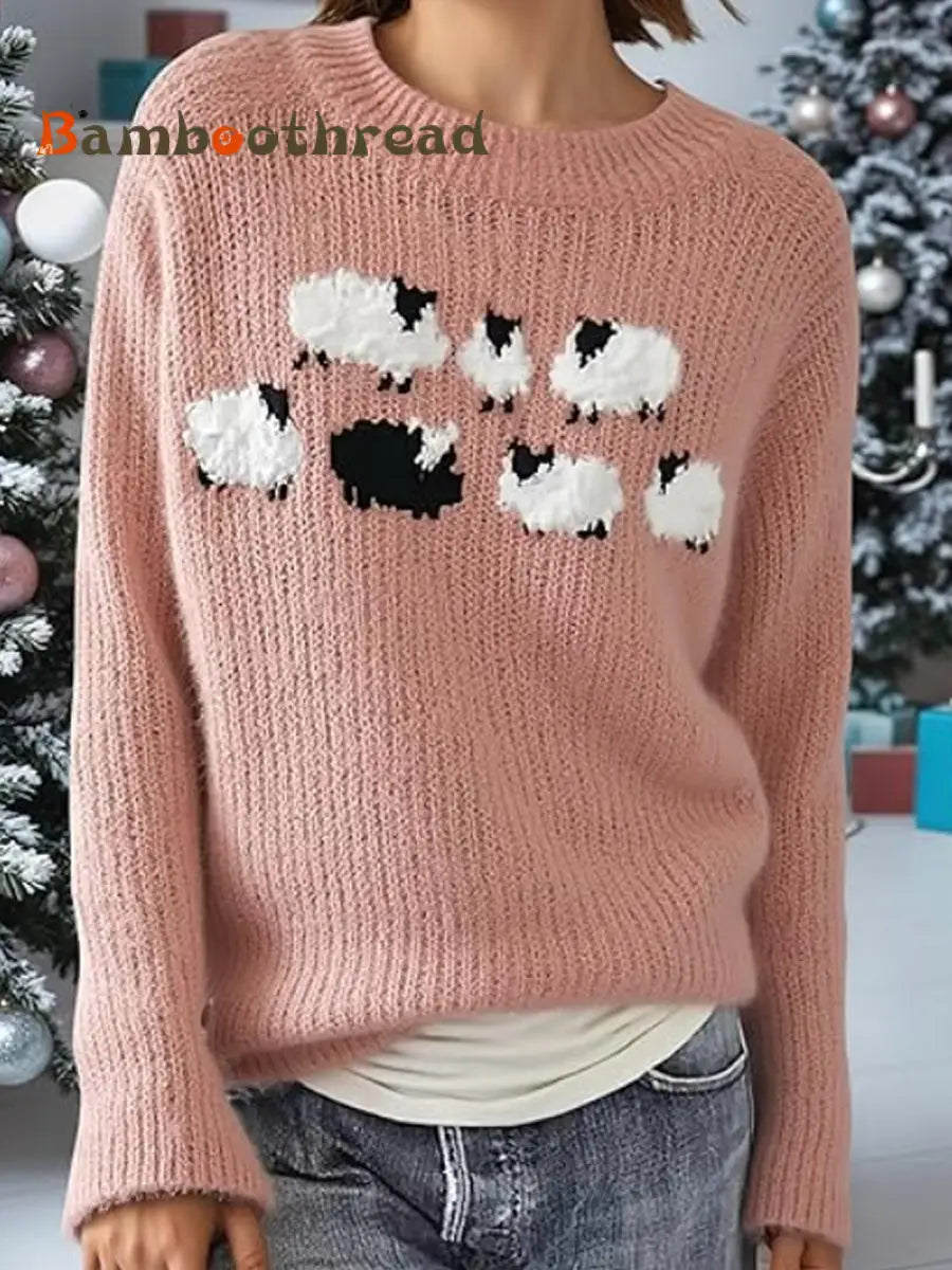 Women’s Icelandic Sweater Crew Neck Loose Pullover Pink / S