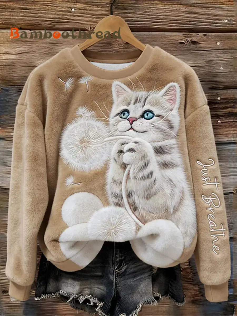 Women’s Just Breathe Fuzzy Cat & Dandelion Cozy Flannel Hoodie As picture / S