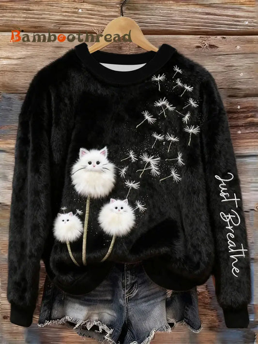 Women’s Just Breathe Fuzzy Cat & Dandelion Cozy Flannel Hoodie Black / S