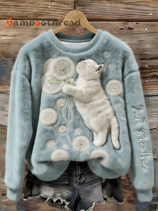 Women’s Just Breathe Fuzzy Cat & Dandelion Cozy Flannel Hoodie Light Blue / S