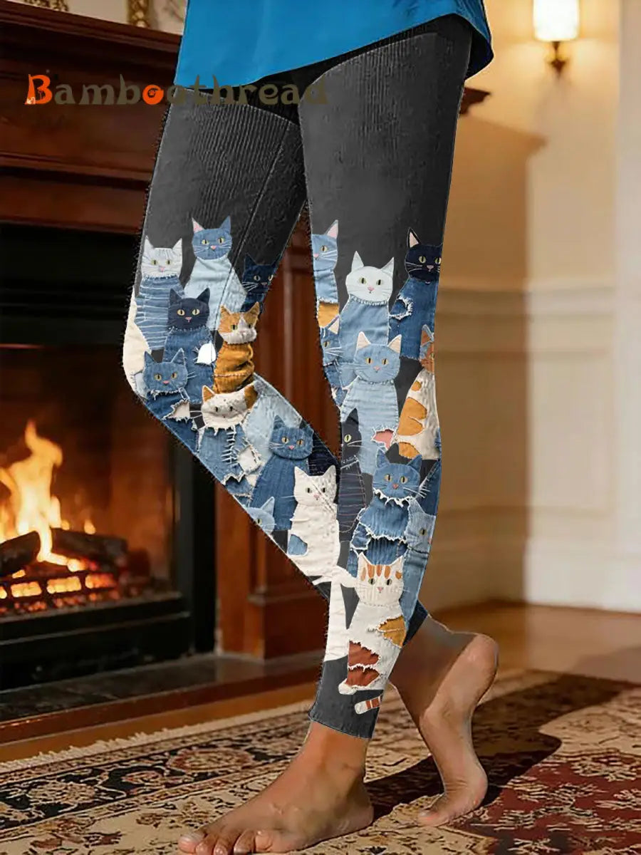 Women’s kitten print thermal fleece leggings Black / S