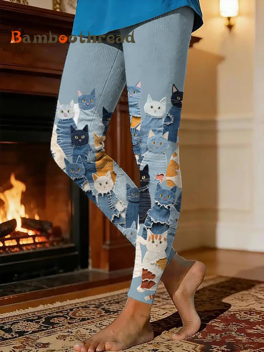 Women’s kitten print thermal fleece leggings Light Blue / S