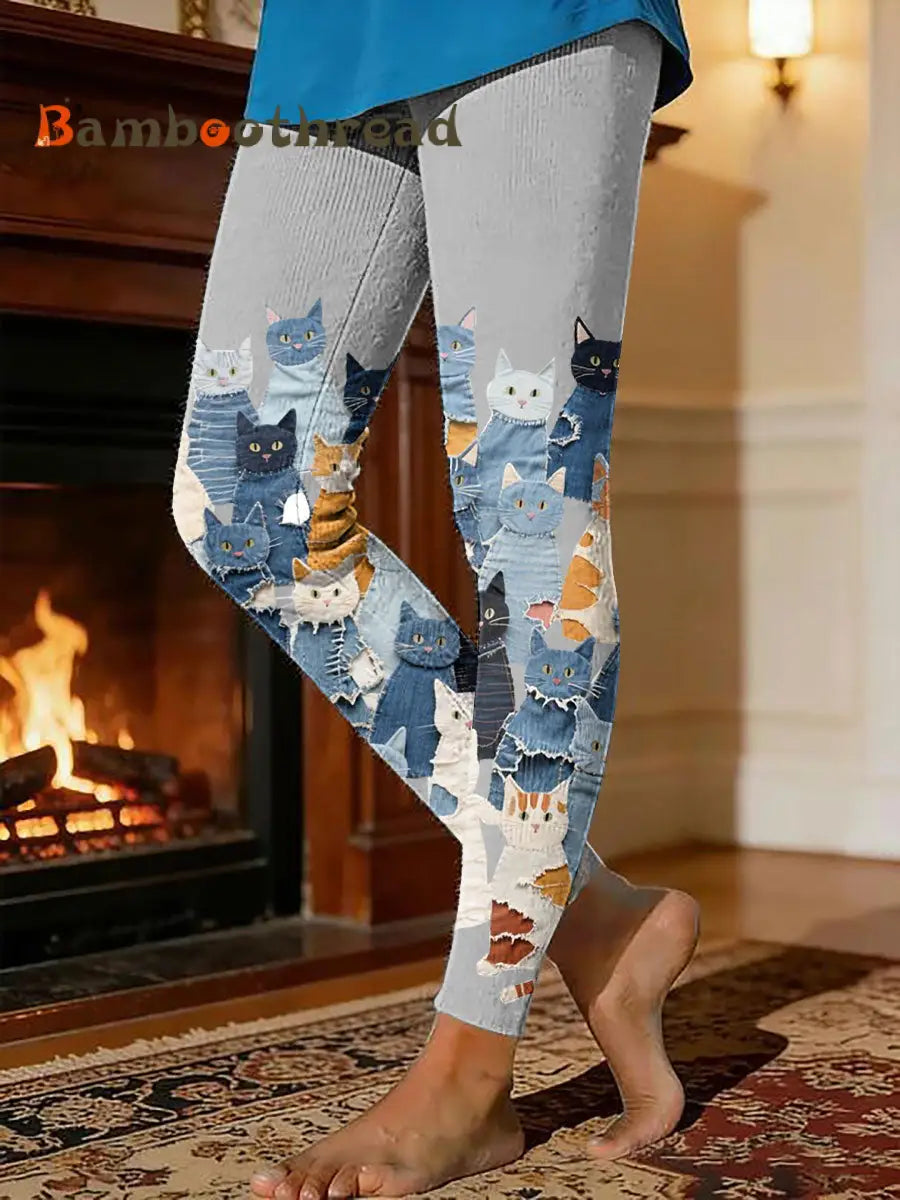 Women’s kitten print thermal fleece leggings Light Gray / S