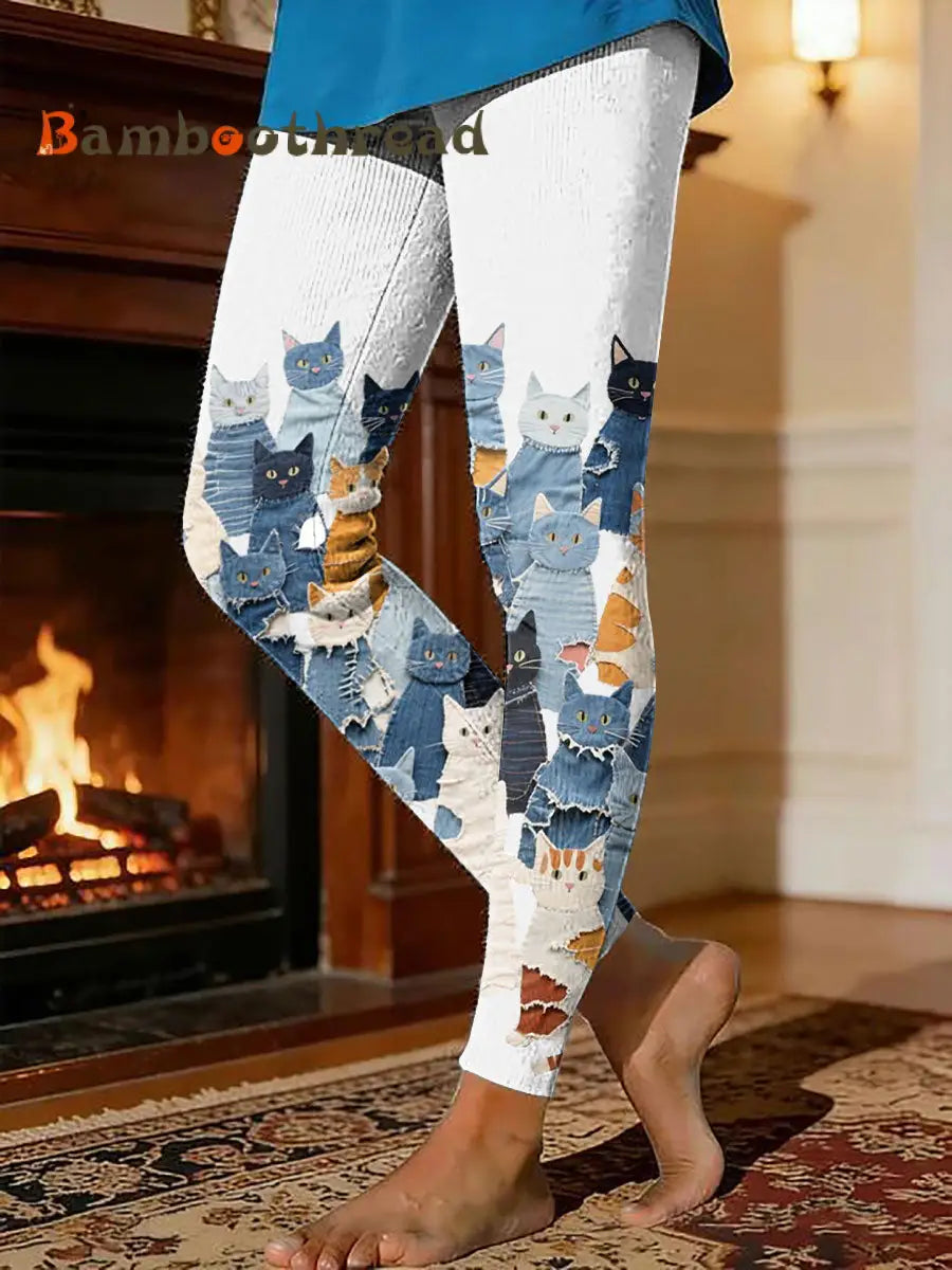 Women’s kitten print thermal fleece leggings White / S