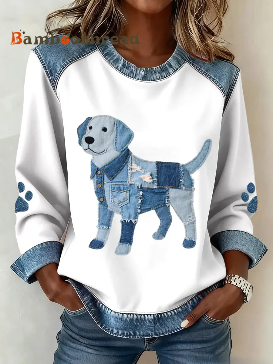 Women’s Labrador Retriever Pattern Denim Patchwork Art Sweatshirt White / S