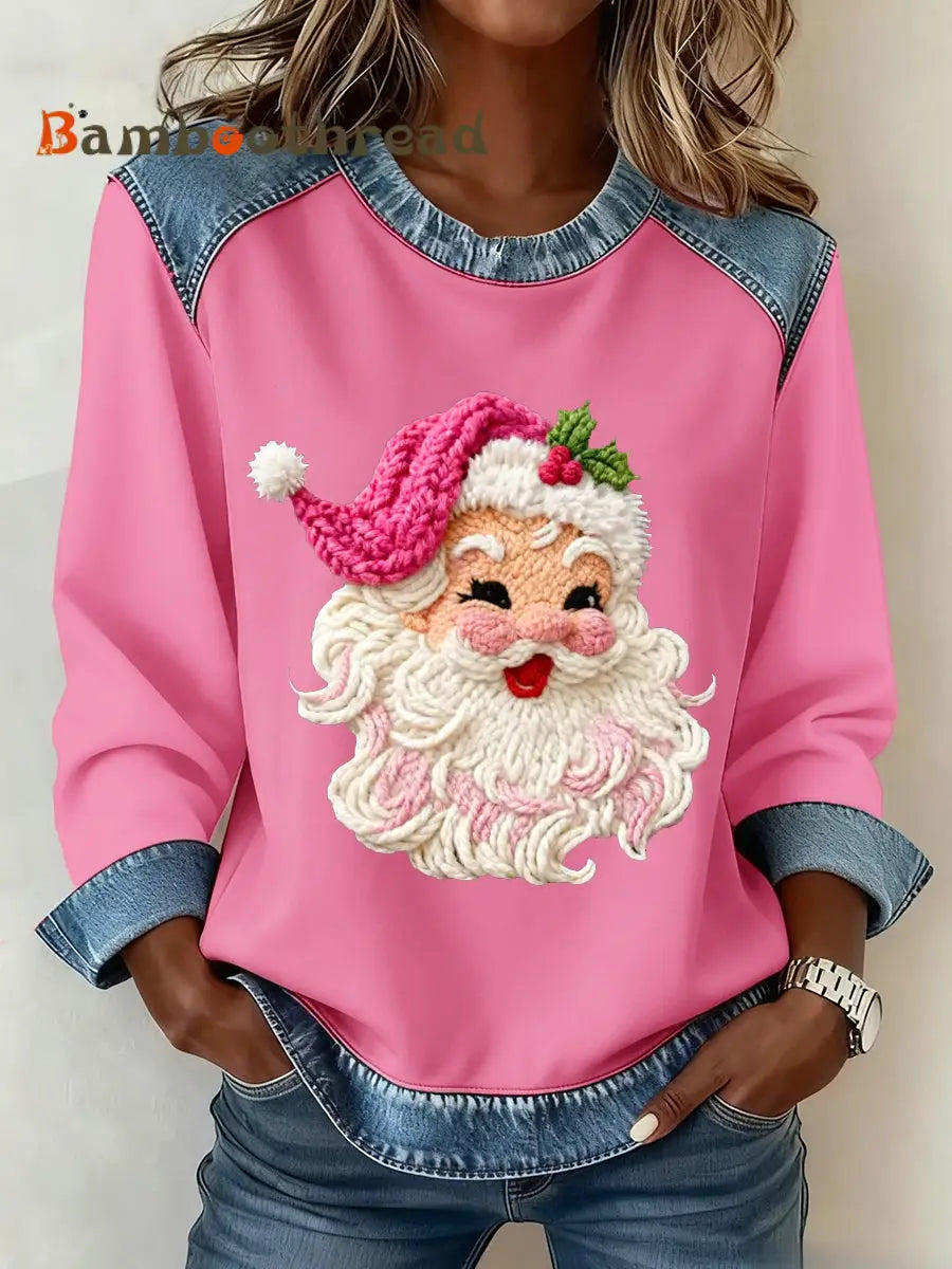 Women’s Latch Hook Yarn Crochet Santa Denim Patchwork Top Pink / S