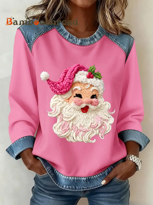 Women’s Latch Hook Yarn Crochet Santa Denim Patchwork Top Pink / S