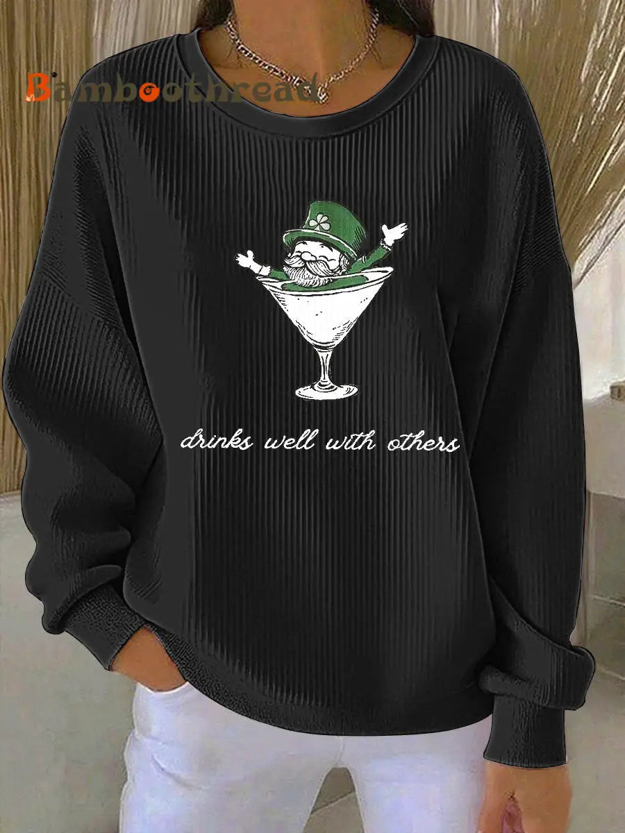 Women’s Leprechaun Martini Cocktail St Patrick’s Day Ribbed Round-Neck Sweatshirt Black / S