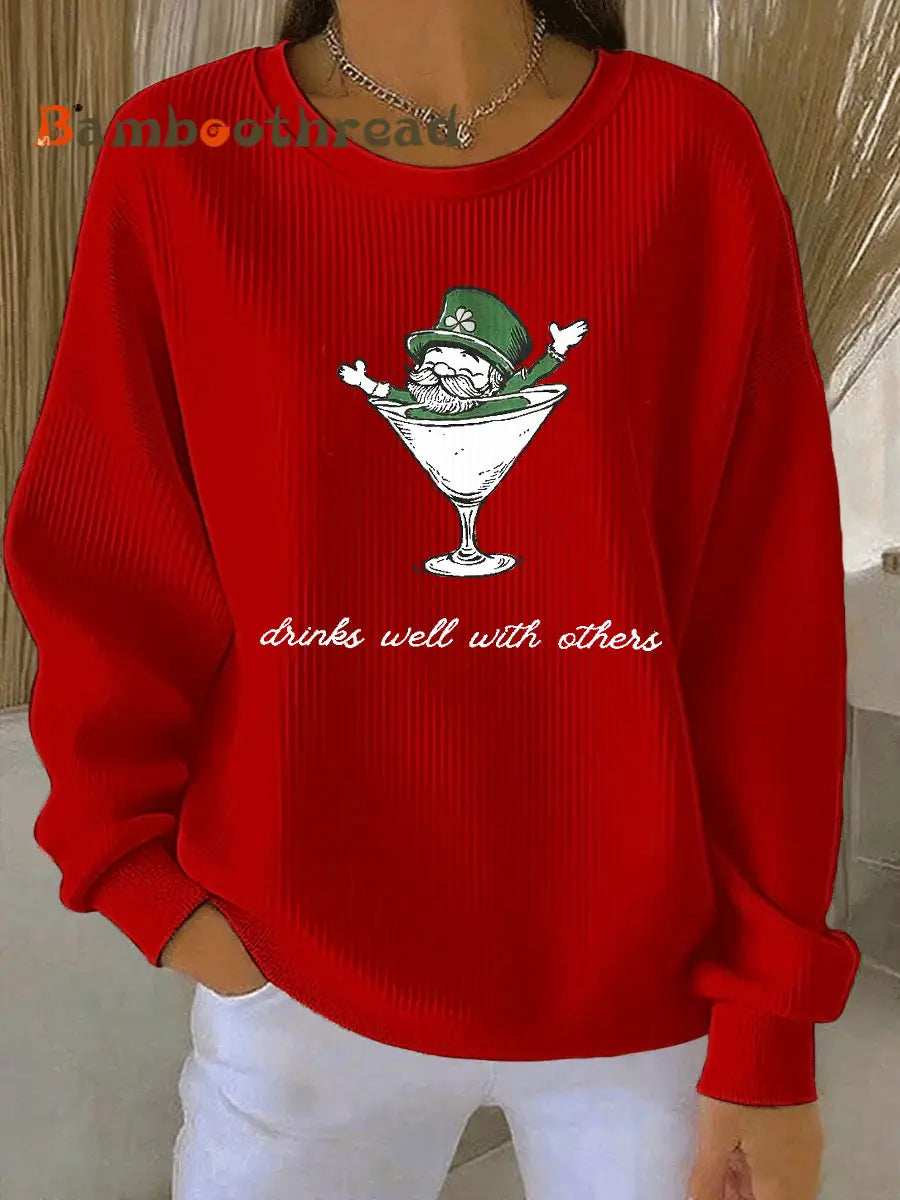 Women’s Leprechaun Martini Cocktail St Patrick’s Day Ribbed Round-Neck Sweatshirt Red / S