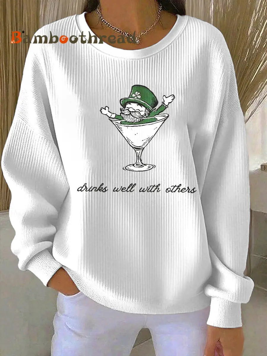 Women’s Leprechaun Martini Cocktail St Patrick’s Day Ribbed Round-Neck Sweatshirt White / S
