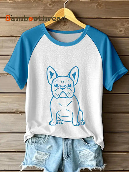 Women’s Line Art French Bulldog Print Contrast T-Shirt Blue / S