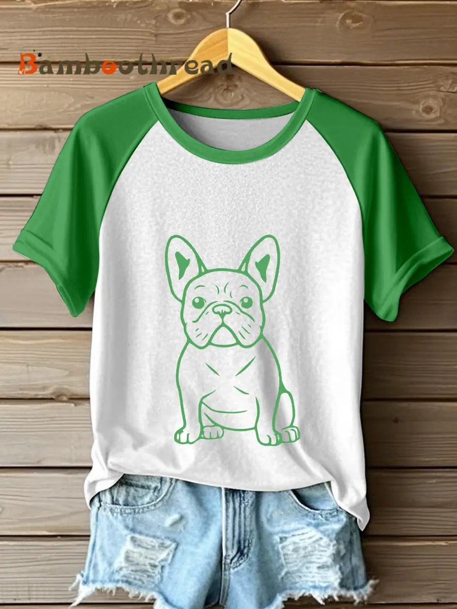 Women’s Line Art French Bulldog Print Contrast T-Shirt Green / S