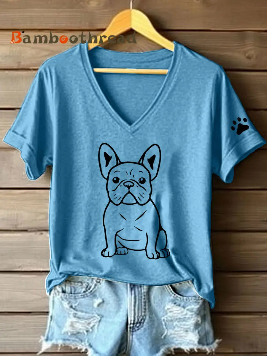 Women’s Line Art French Bulldog Print V-Neck T-Shirt Blue / S