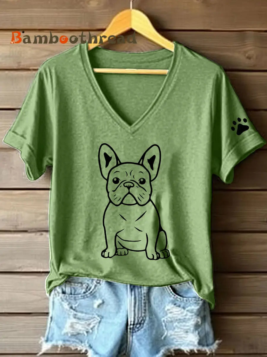 Women’s Line Art French Bulldog Print V-Neck T-Shirt Green / S