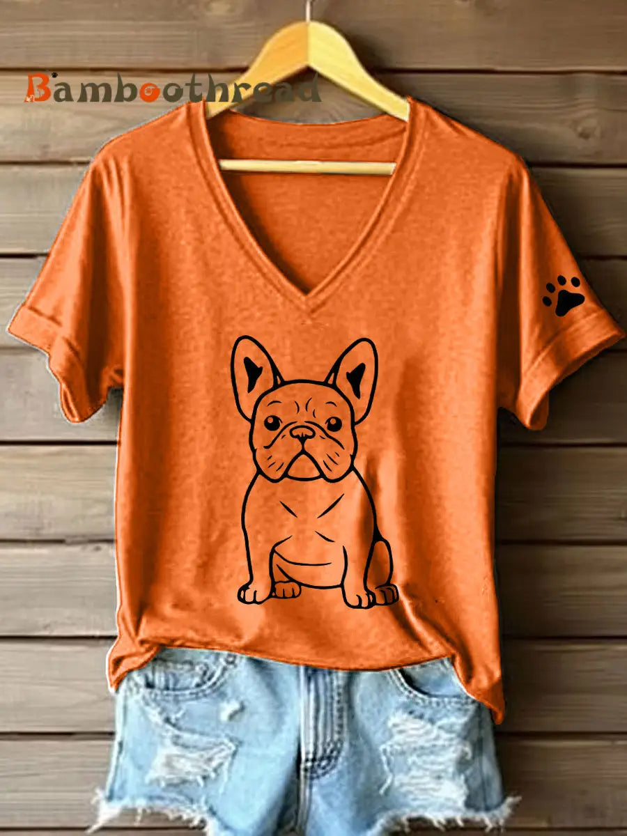 Women’s Line Art French Bulldog Print V-Neck T-Shirt Orange / S