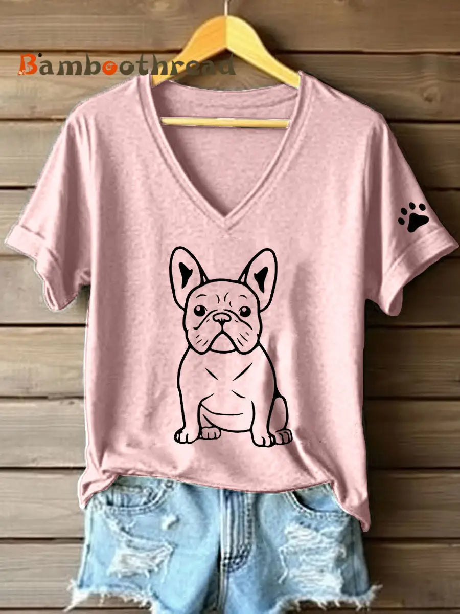 Women’s Line Art French Bulldog Print V-Neck T-Shirt Pink / S